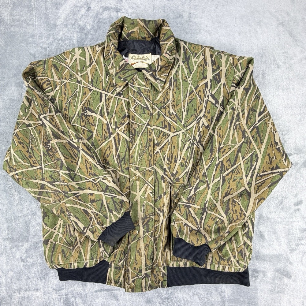 Vintage 90s Cabelas Mens XL Spring Green Trebark Camo Bomber Jacket USA